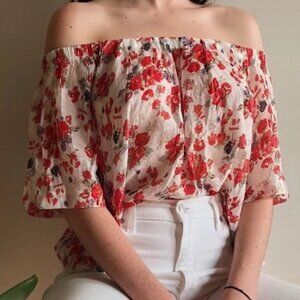 Reformation Off-Shoulder Floral Top, Women's Size M, Red & White